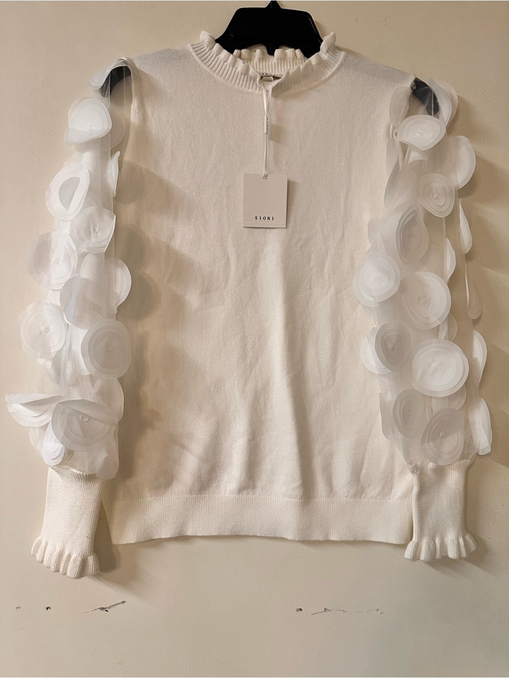 Sioni White Organza Petal Sleeve Ruffled Neck Sweater